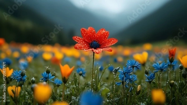 Obraz Close-Up of a Vibrant Red Flower (Covered in Tiny Water Drops): Deep Blue-Purple Center, Soft Blurred Background of Colorful Flower Field (Blue/Yellow/Orange)