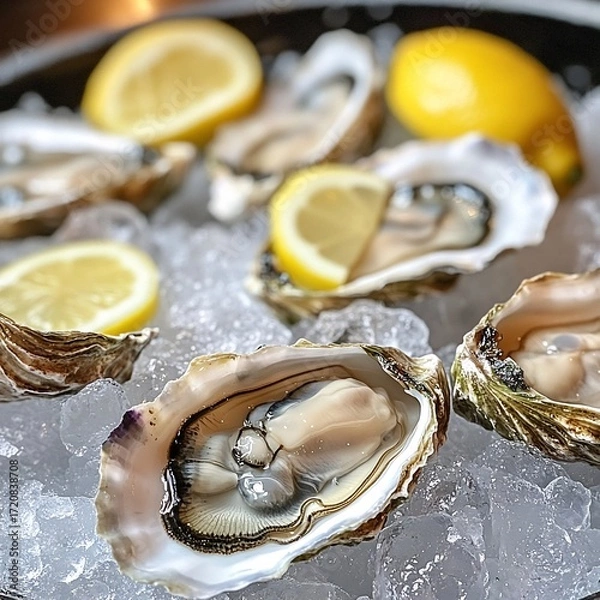 Fototapeta Fresh oysters on ice with lemon wedges, a luxurious seafood delicacy served chilled and ready to be enjoyed by seafood lovers