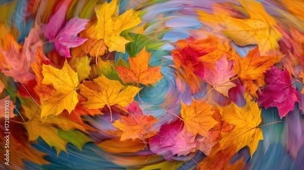 Fototapeta Brightly colored leaves in shades of red, orange, and yellow swirl together on a blue background, capturing the essence of autumn. This lively arrangement reflects the seasons beauty.