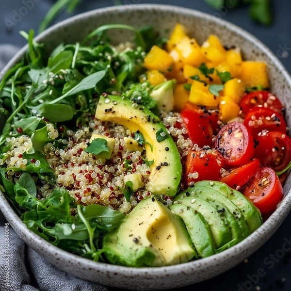 Fototapeta Colorful quinoa salad bowl with avocado, mango, tomato, and arugula, a healthy and vibrant meal for a nutritious lifestyle