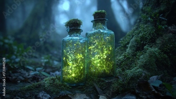 Fototapeta Two glass bottles hold glowing specks of light, surrounded by moss and trees in a dimly lit forest at twilight. The atmosphere is enchanting and serene, evoking a magical vibe.