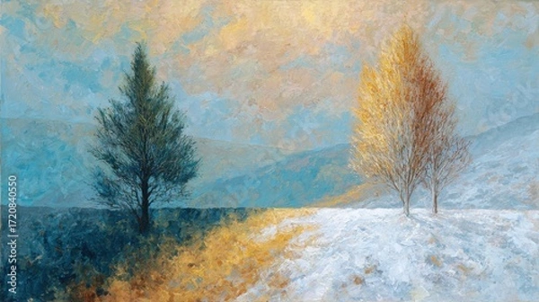 Fototapeta A winter landscape transitions into spring with bare trees on one side and vibrant golden foliage on the other. The sky is bright, reflecting the changing seasons in natures beauty.