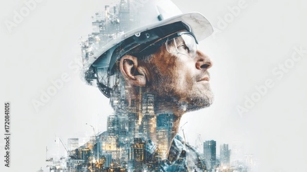 Fototapeta A construction worker wearing a hard hat and glasses gazes upward, surrounded by an imaginative city skyline that merges with his silhouette, symbolizing dreams and progress in urban development.