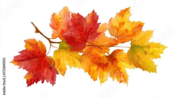 Fototapeta A branch adorned with a mix of autumn leaves showcases bright reds, oranges, and yellows. This striking display highlights the beauty of fall foliage, capturing the seasonal change.
