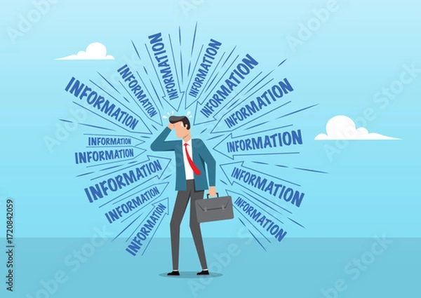 Fototapeta a distressed businessman,clutches his forehead as he is bombarded from all directions