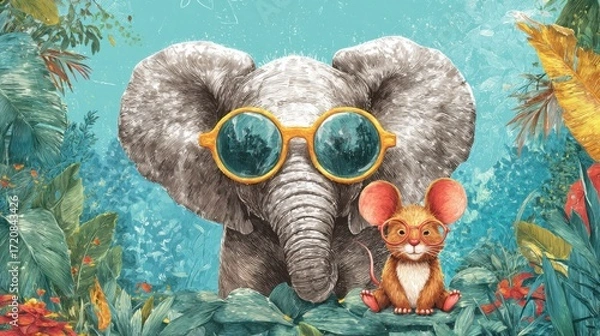 Fototapeta An elephant and a mouse sporting colorful sunglasses pose together amidst a lively jungle filled with rich foliage and tropical plants. The playful scene captures friendship in nature.