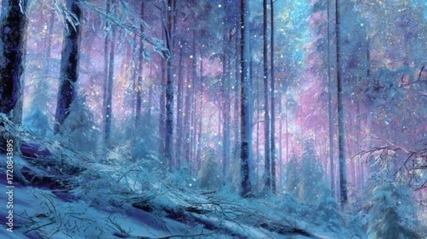Fototapeta Snow gently blankets a vibrant forest filled with tall trees. Soft purple and blue hues illuminate the scene, creating a magical winter atmosphere.