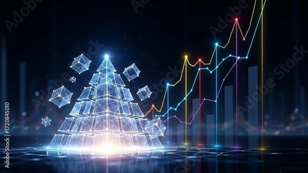 Fototapeta A futuristic Christmas tree made of glowing cubes stands next to a sharply rising, colorful financial graph, symbolizing holiday success and business growth.