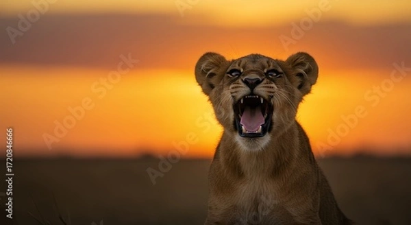 Fototapeta Lion cub roaring at sunset