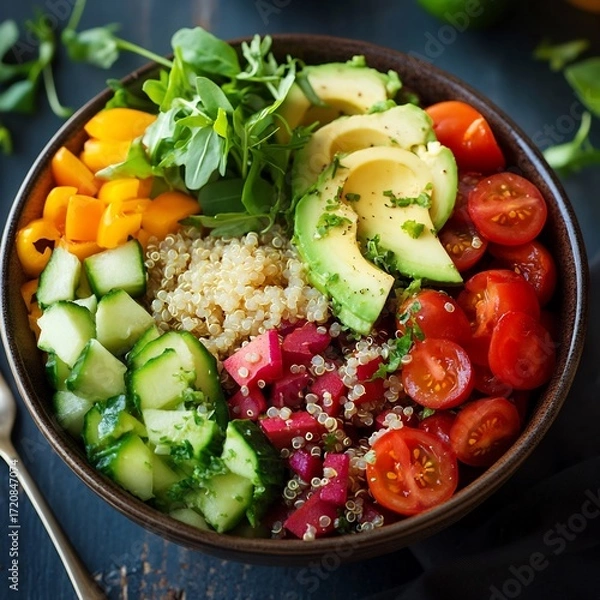 Fototapeta Delicious and colorful quinoa salad bowl with fresh avocado, tomatoes, cucumber, bell pepper, and herbs on dark background