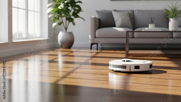 Fototapeta A robotic vacuum cleaner operates on a sunlit wooden floor, symbolizing smart home automation, convenience, and a clean, modern lifestyle.