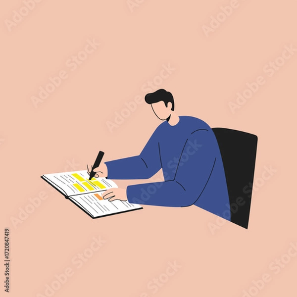 Fototapeta Minimalist Vector Illustration of Person Reading Notebook in Contemporary Style with Soft Pink Background
