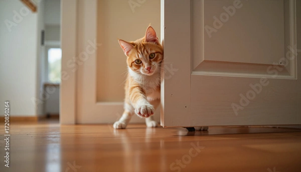 Obraz Curious cat reaching under door in cozy home setting, feline exploration