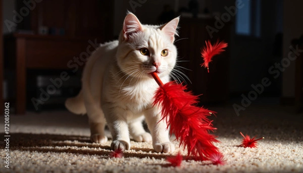 Obraz White Siamese cat playing with red feather wand in dimly lit room, playfulness