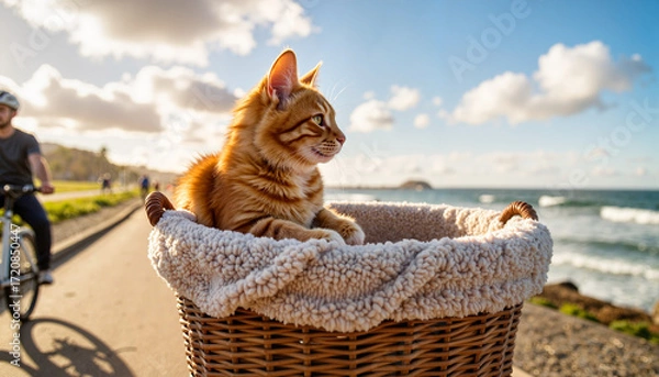 Obraz Adventurous cat enjoying a bicycle ride along coastal boardwalk, freedom