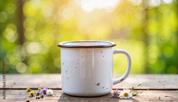 Obraz Chipped enamel mug on wooden table with wildflowers, countryside charm