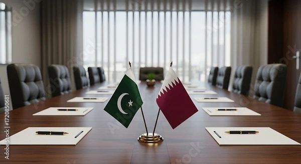 Fototapeta The flags of Pakistan and Qatar on a desk, symbolizing a diplomatic meeting