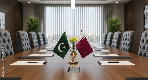 Fototapeta The flags of Pakistan and Qatar on a desk, symbolizing a diplomatic meeting