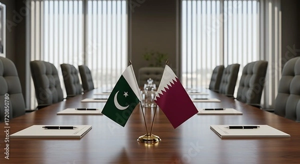 Fototapeta The flags of Pakistan and Qatar on a desk, symbolizing a diplomatic meeting