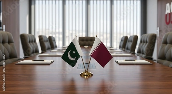 Fototapeta The flags of Pakistan and Qatar on a desk, symbolizing a diplomatic meeting