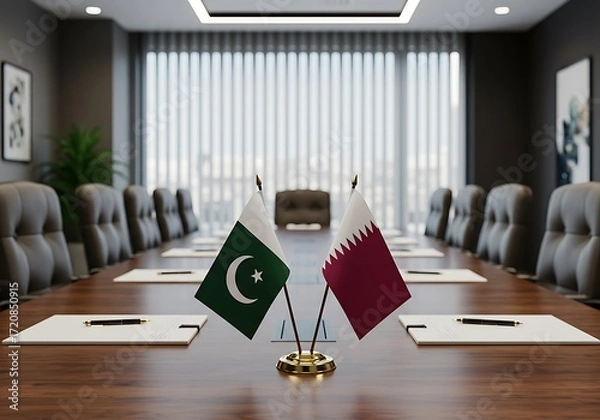 Fototapeta The flags of Pakistan and Qatar on a desk, symbolizing a diplomatic meeting