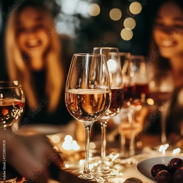 Fototapeta Closeup of wine glasses on a table with friends enjoying a celebratory dinner party with warm lighting and festive atmosphere