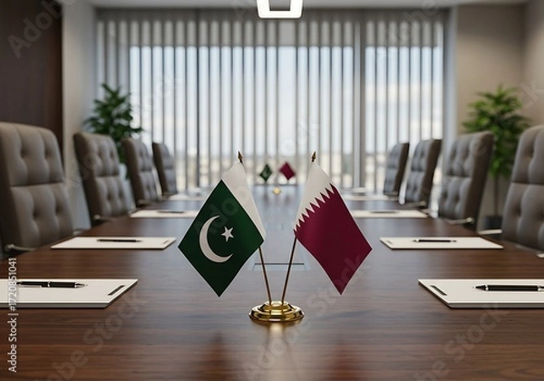 Fototapeta The flags of Pakistan and Qatar on a desk, symbolizing a diplomatic meeting