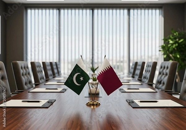 Fototapeta The flags of Pakistan and Qatar on a desk, symbolizing a diplomatic meeting