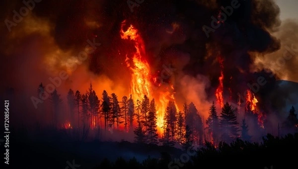 Fototapeta Intense Wildfire Raging Through a Forest at Night