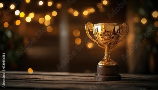 Fototapeta Shiny Golden Trophy on Rustic Wooden Table with Warm Bokeh Lights