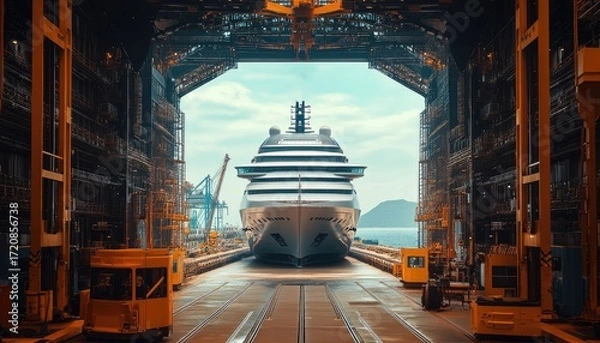 Fototapeta Luxury Yacht in Dry Dock: Modern Vessel within Industrial Shipyard Setting