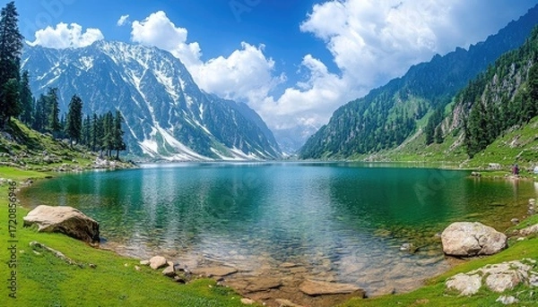 Fototapeta Scenic Mountain Lake Landscape with Snow-Capped Peaks and Clouds