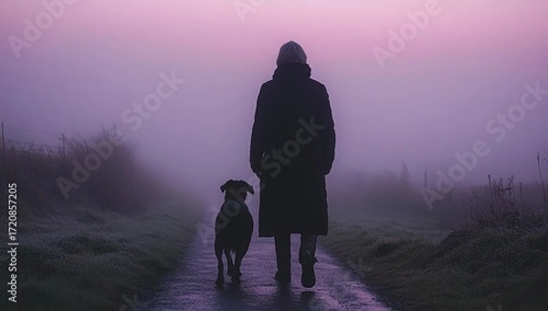 Fototapeta Rear view of a person and a dog walking on a path through a mysterious purple fog.