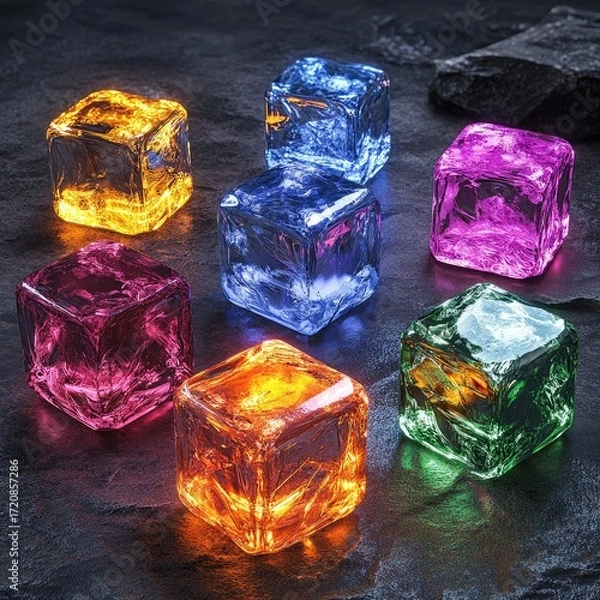 Fototapeta Luminous Colorful Ice Cubes on Dark Stone