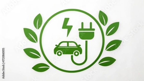 Fototapeta EV Icon Green symbol depicting an electric car with a charging plug and lightning bolt, surrounded by leaves.
