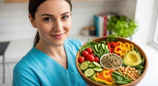 Obraz Smiling Woman Holding Colorful Salad Bowl in Bright Kitchen