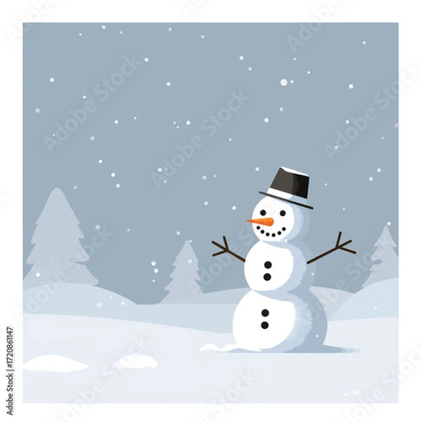 Fototapeta Minimalist Vector Illustration of Snowman with Black Hat and Carrot Nose in Winter Scene