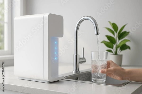 Fototapeta Home water purifier. Modern water purifier on a kitchen countertop filling a glass while a hand reaches for it.