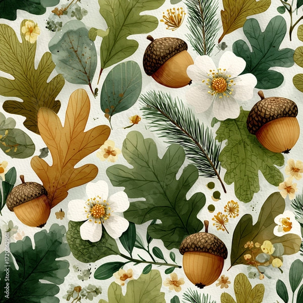 Fototapeta seamless pattern with acorns and leaves