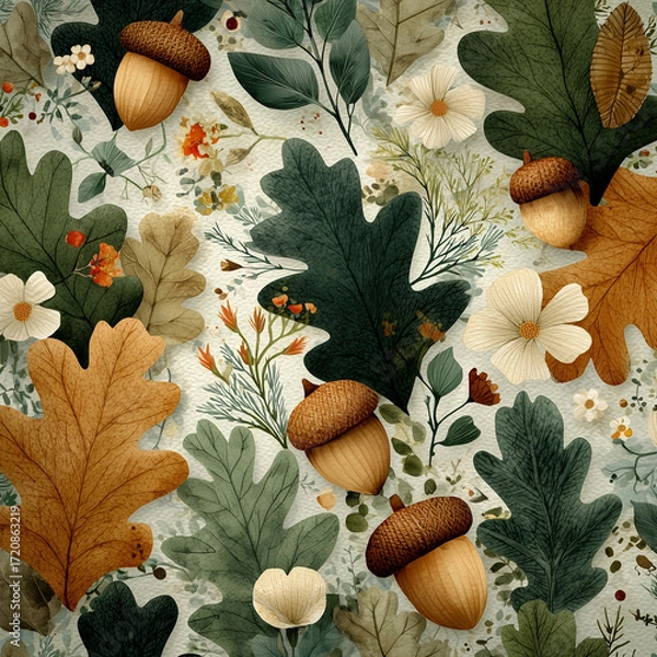 Fototapeta seamless pattern with acorns and leaves