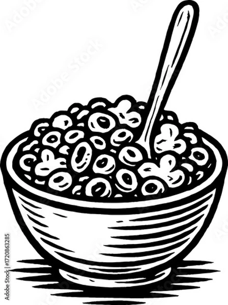 Fototapeta A black and white illustration features a bowl filled with round cereal, accompanied by a spoon. The drawing is isolated.