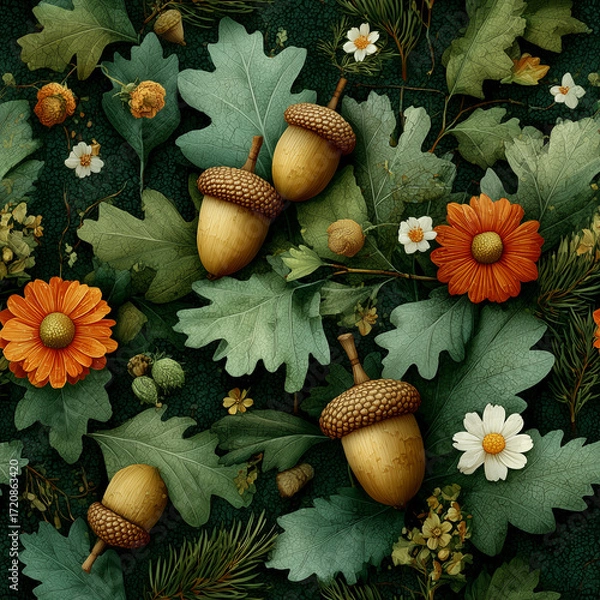 Fototapeta seamless pattern with acorns and leaves