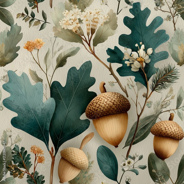 Fototapeta seamless pattern with acorns and leaves