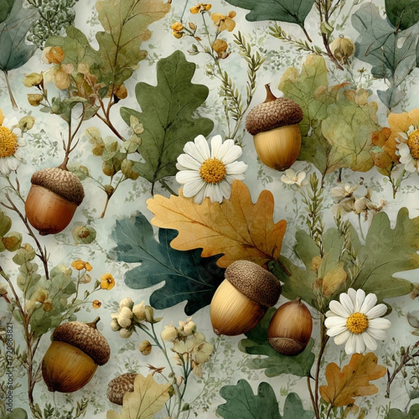 Fototapeta seamless pattern with acorns and leaves
