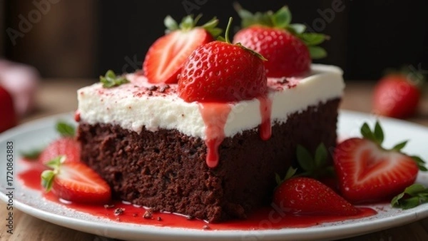 Fototapeta Chocolate Cake Slice with Cream and Fresh Strawberries on a Plate