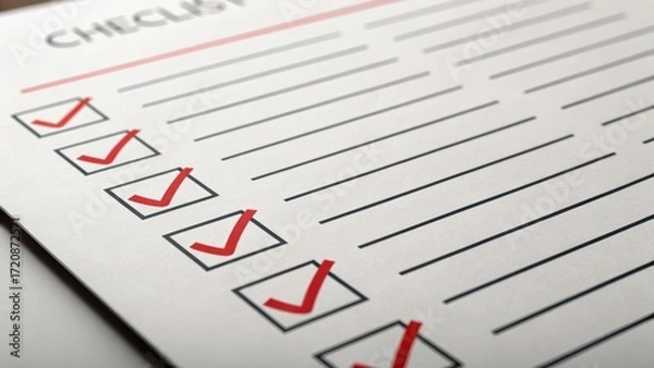 Fototapeta trade expense regulation judge concept. Checklist with red checkmarks and blank lines for tasks.