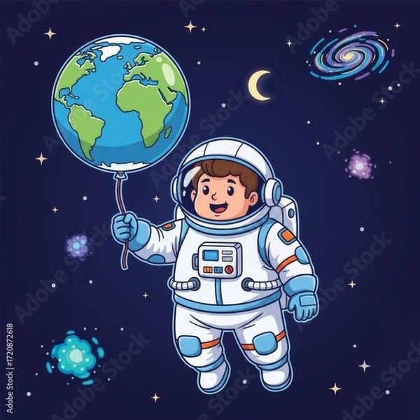 Fototapeta A cheerful astronaut floats through space happily holding Earth as a balloon