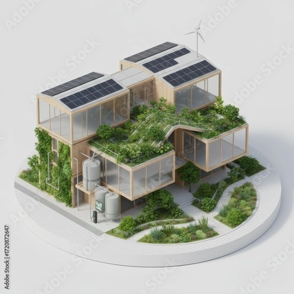 Fototapeta 3D architectural model of eco-friendly smart home with solar panels and garden