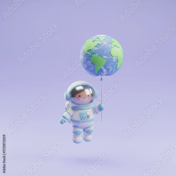 Fototapeta A cheerful astronaut floats through space holding Earth as a balloon