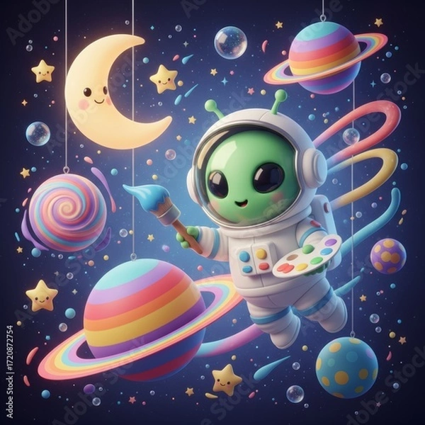 Fototapeta A cute alien astronaut paints a whimsical cosmos